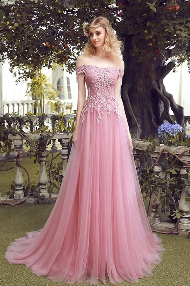 Off The Shoulder Tulle Prom Dress With Appliques, Long Evening Dresses