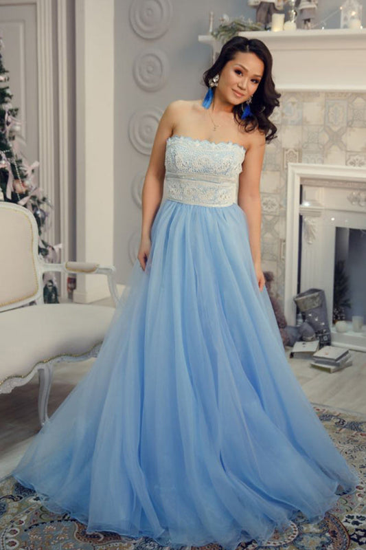 Charming Strapless Long Lace Tulle Light Blue Elegant Prom Dresses