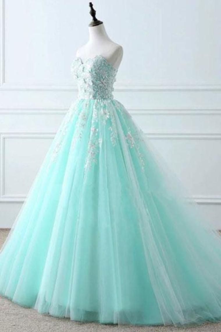 Sweetheart Puffy Tulle Prom Dress With Lace Appliques, Long Graduation Dress