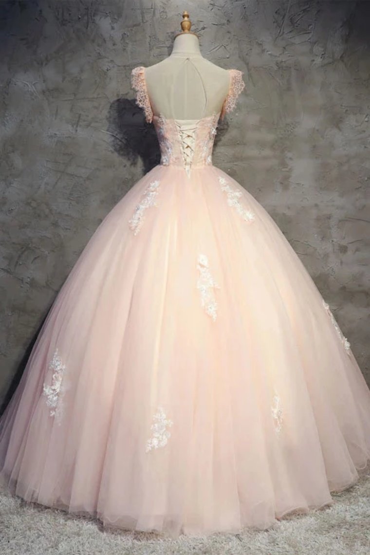 Tulle Long Prom Dress With Flowers, Princess Ball Gown Sheer Neck Party Dress