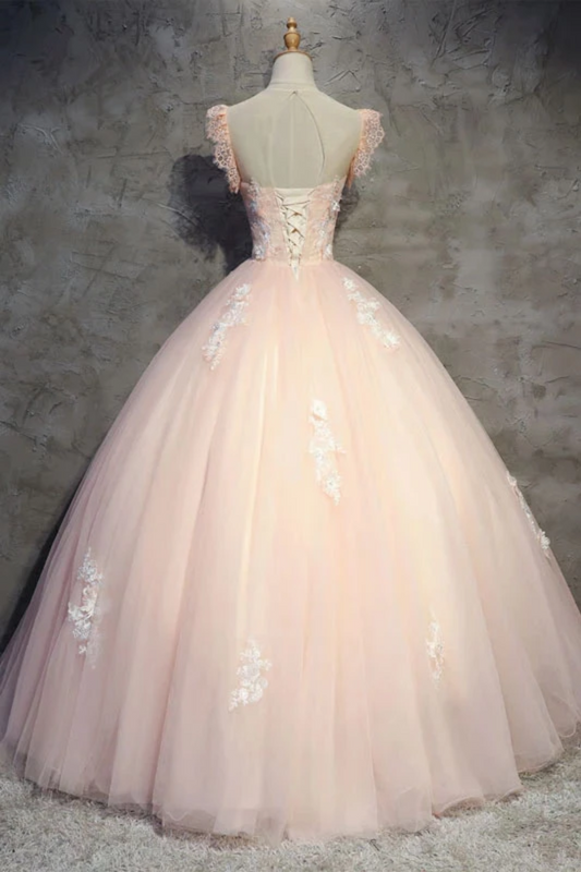 Tulle Long Prom Dress With Flowers, Princess Ball Gown Sheer Neck Party Dress