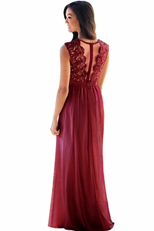 Lace Chiffon  Prom Dresses A Line Round Neck Long Evening Dresses