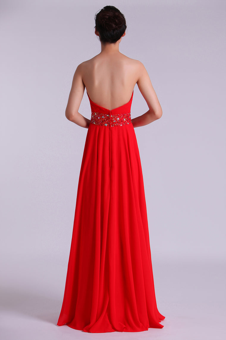 2024 Sweetheart Prom Dresses A Line Chiffon Floor Length Beaded Waistband