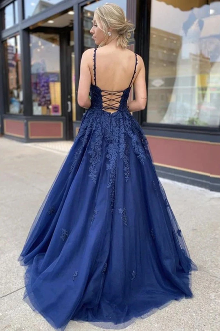 Dark Blue Tulle Applique Spaghetti Straps Long Prom Dress Evening Dress