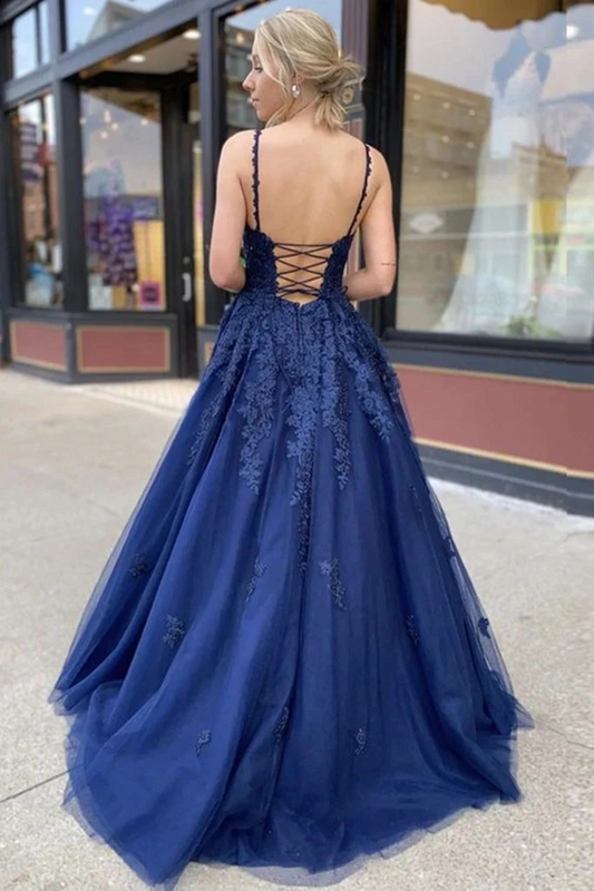 Dark Blue Tulle Applique Spaghetti Straps Long Prom Dress Evening Dress