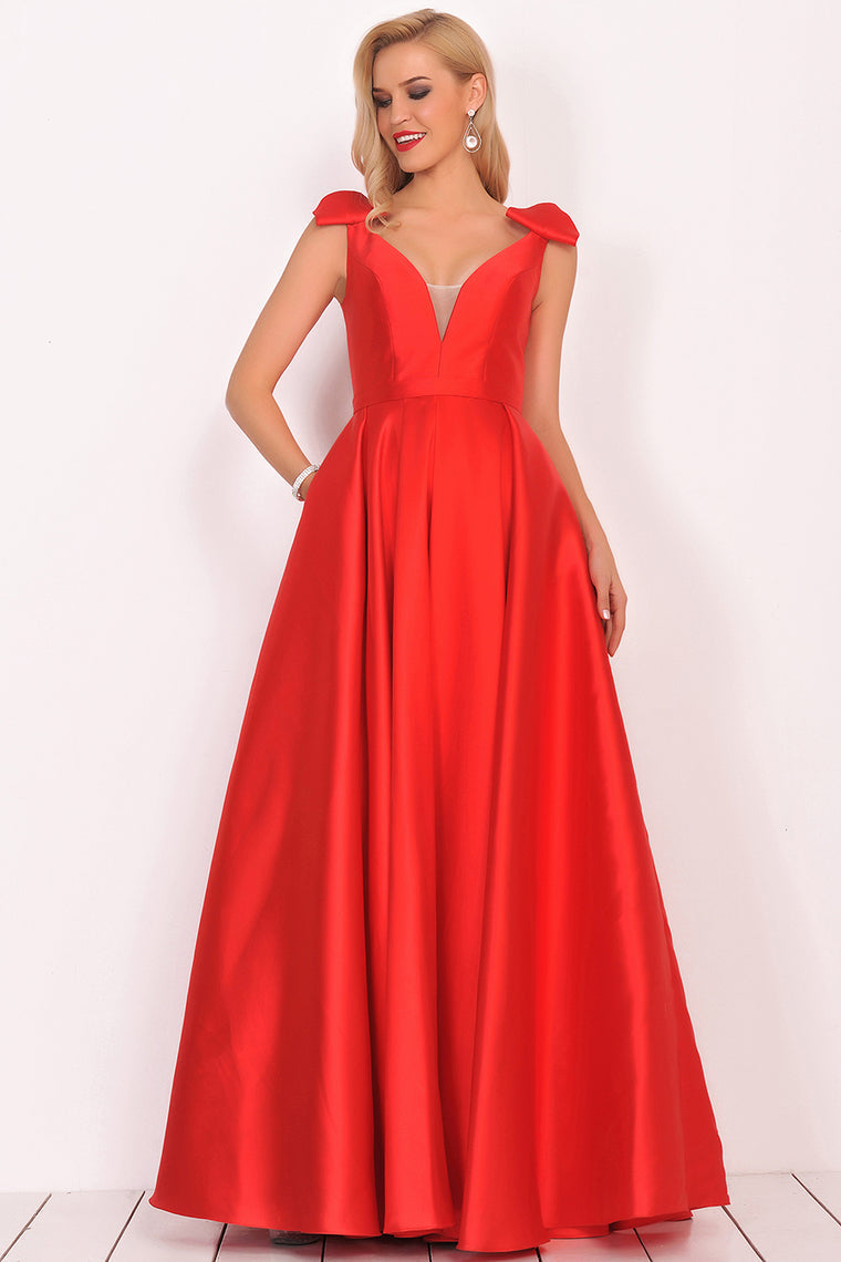 2024 V-Neck Bubble Shoulder A-Line Satin Evening Dress Floor-Length