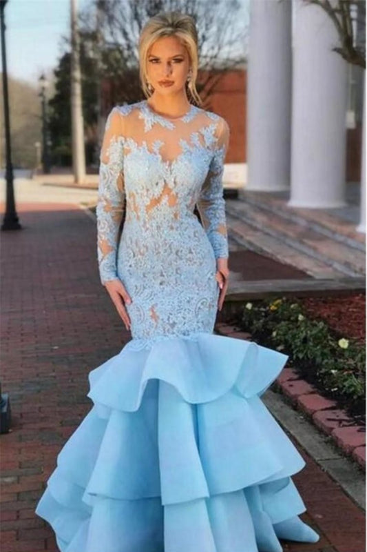 Pretty Long Sleeves Light Blue Long Mermaid Lace Prom Dresses Evening Dresses