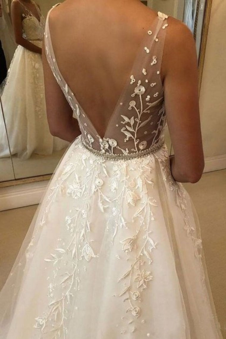 Elegant Sleeveless V Neck Tulle Wedding Dresses With Appliques, A Line Bridal Dress