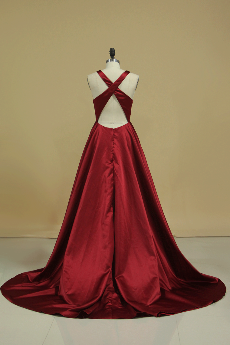 2024 Red V Neck Evening Dresses A Line Sweep Train  With Slit & Ruffles