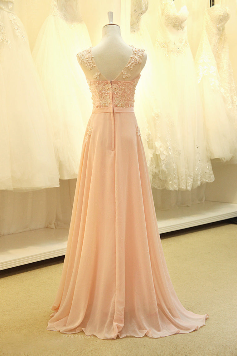 2024 Prom Dresses A Line Scoop Chiffon With Applique And Sash Sweep Train