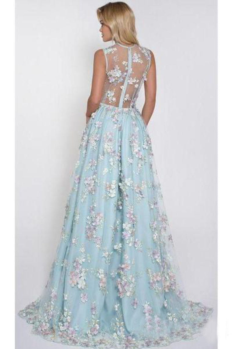 2024 Sky Blue Prom Dresses See Through Embroidery Formal Dress Evening Dress