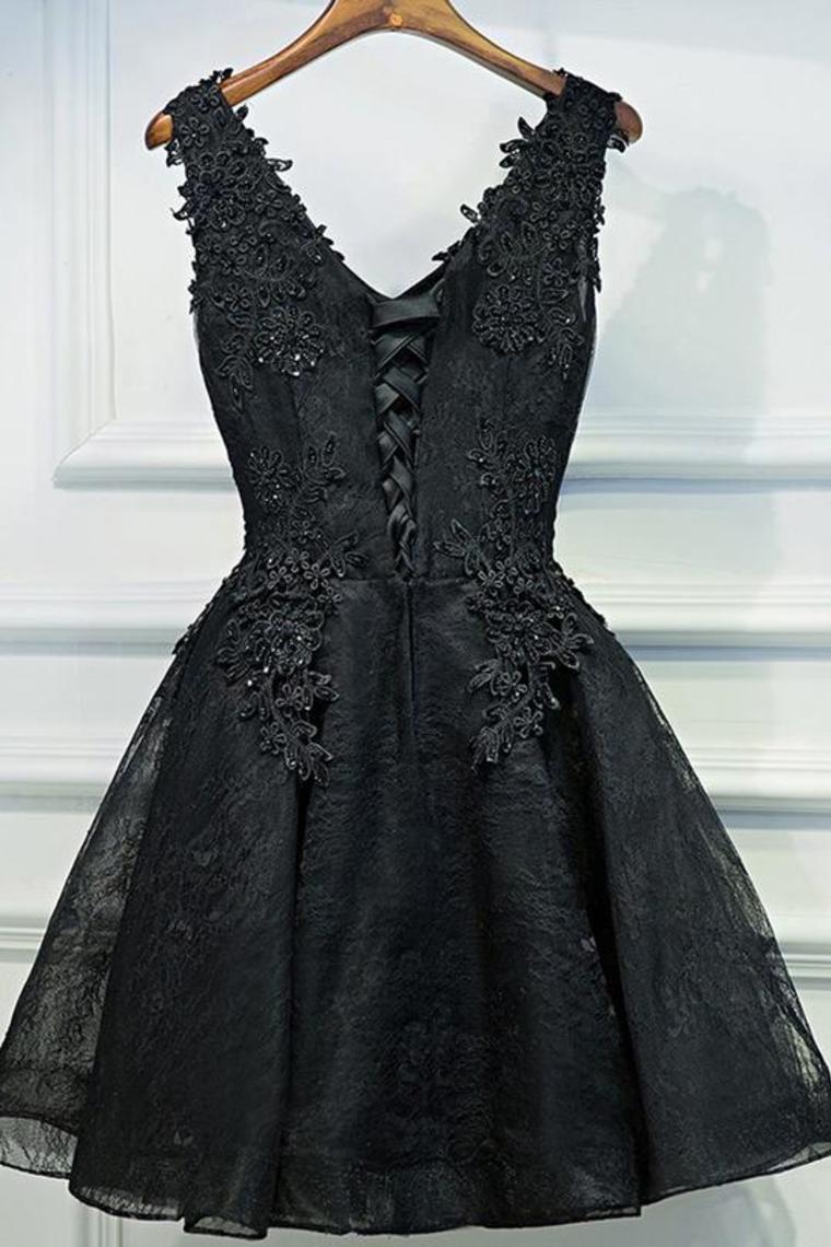 Black V Neck Homecoming Dresses,Appliques Beading Belt Short Prom Dress