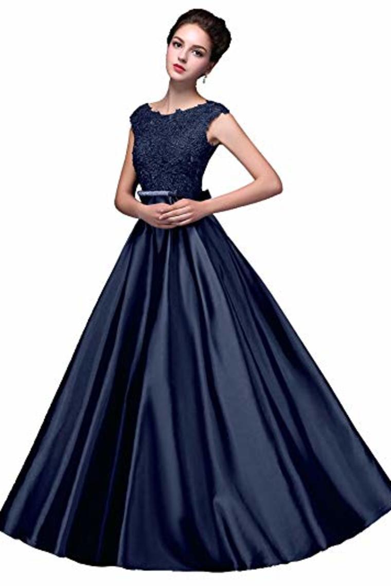 Elegant A-Line Applique Round Neck Lace Satin Ball Gown Evening Prom Dress