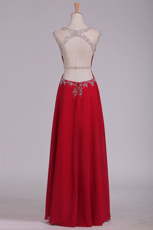 2024 Prom Dresses A Line Scoop Cap Sleeves Chiffon With Beading Floor Length