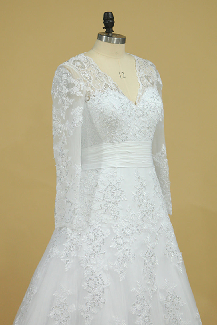 Elegant Wedding Dresses V Neck Tulle With Applique Long Sleeves