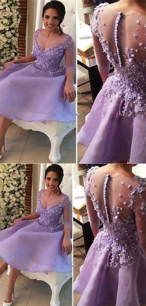 Gorgeous Lavender Scoop Neckline Covered Buttons 3/4 Sleeves Knee-Length Mabel Homecoming Dresses Short XXA07