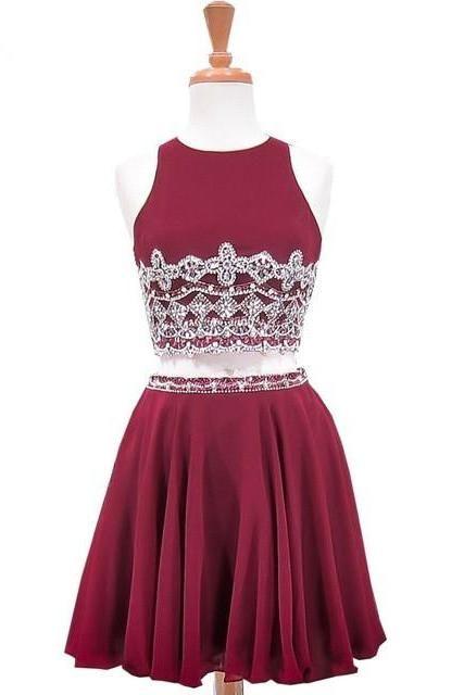 Sweet Party A-Line Scoop Neck Sleeveless Beaded Chiffon Homecoming Dresses Kiersten Crystals Burgundy Two Piece Short XXA10031