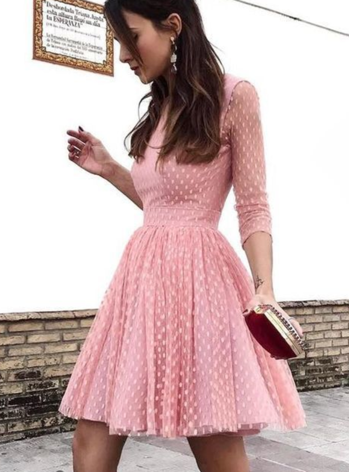 Round Neck Long Sleeves Homecoming Dresses Pink Cocktail Marcie Open Back Dresses XXA10083