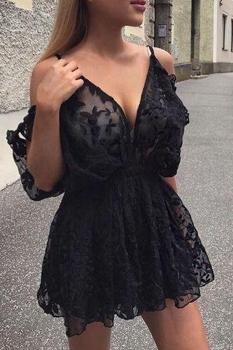 Modest Black Short Summer Dresses Unique Cold Lace Homecoming Dresses Lorelei Shoulder Party Dresses Simple XXA10183