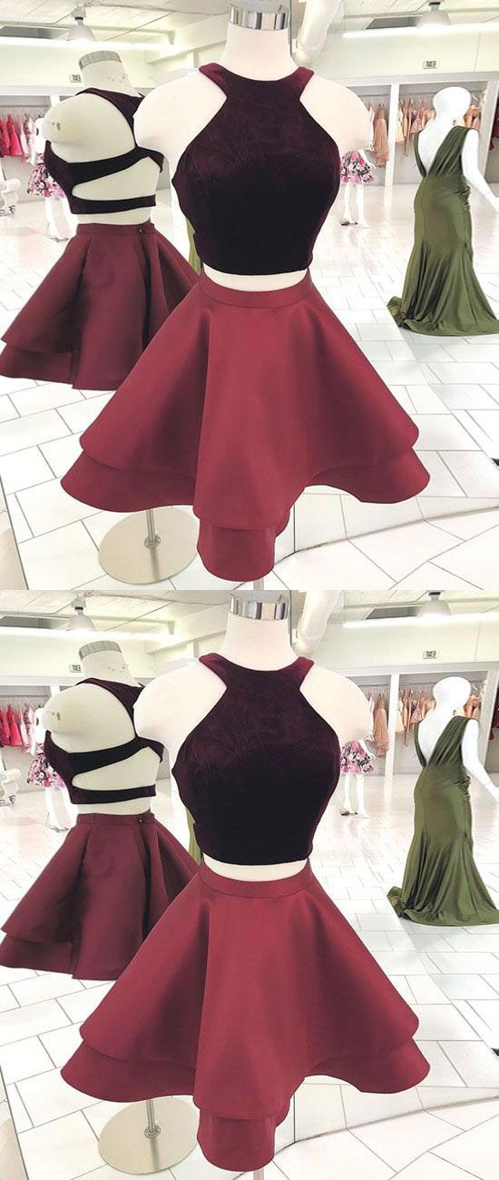 Cute Burgundy Lisa Homecoming Dresses Two Pieces Short Dress Burgundy CD1021