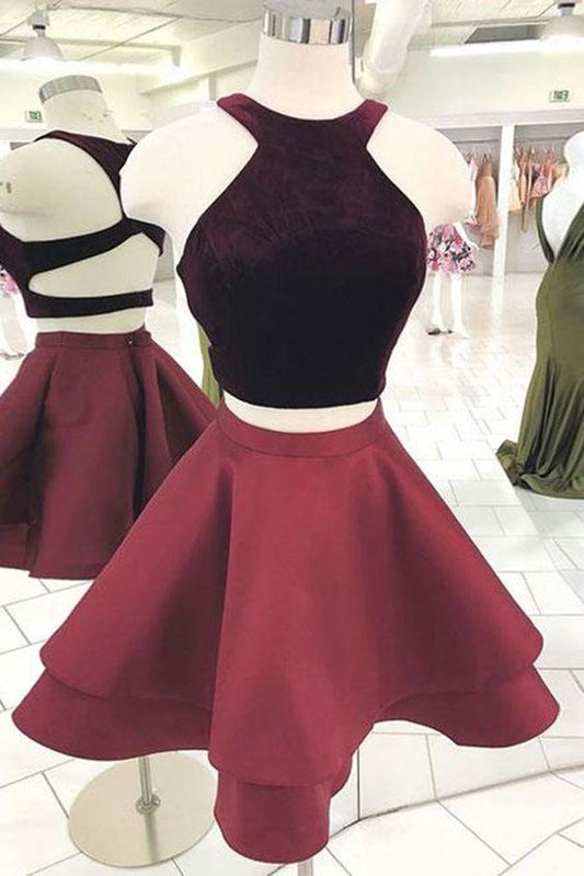 Cute Burgundy Lisa Homecoming Dresses Two Pieces Short Dress Burgundy CD1021