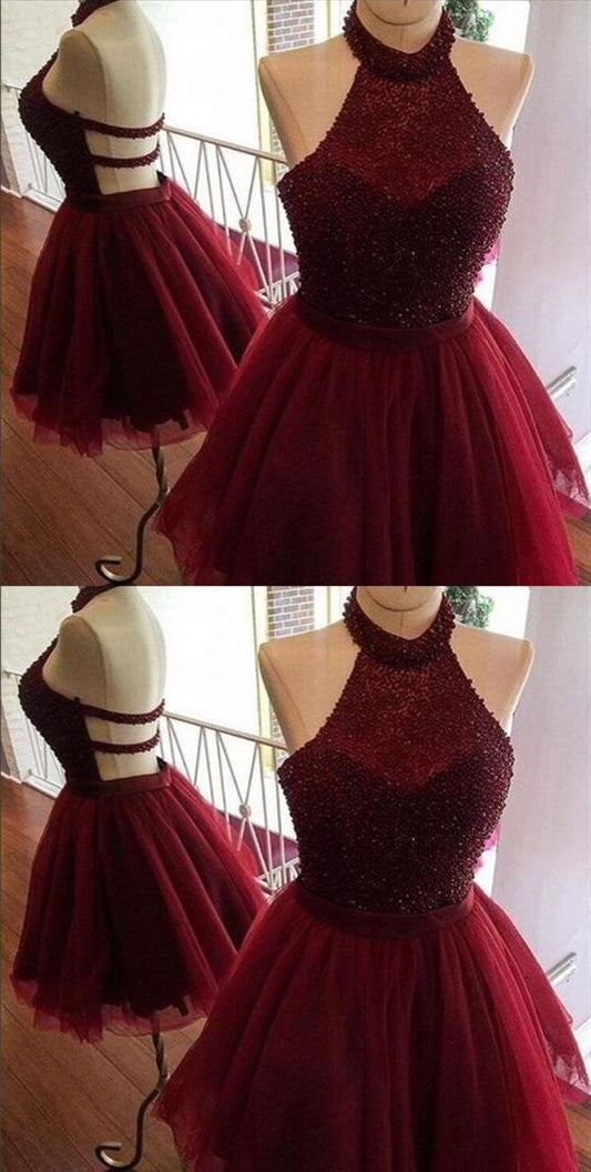 Burgundy Halter Homecoming Dresses Kaylyn Cocktail Sleeveless Backless Short Dresses CD10224