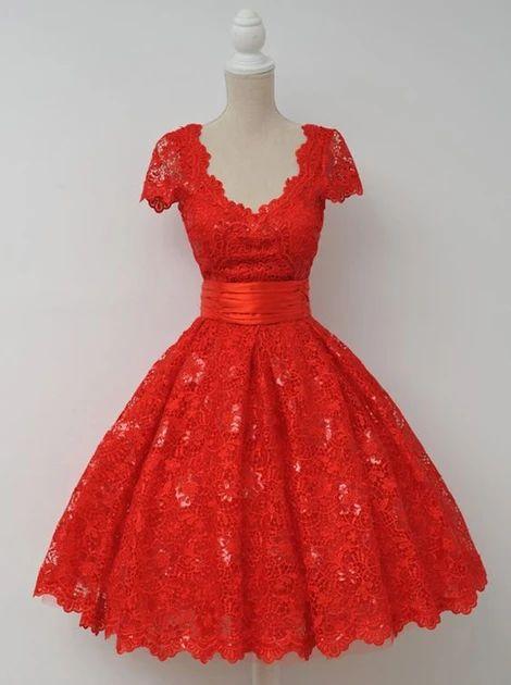 Vintage V-Neck Cap Sleeves Homecoming Dresses Katrina Lace Knee-Length Backless Red XXA10365