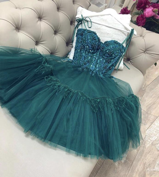 Una Homecoming Dresses A Line GREEN TULLE LACE SHORT Green Short Dress XXA10493