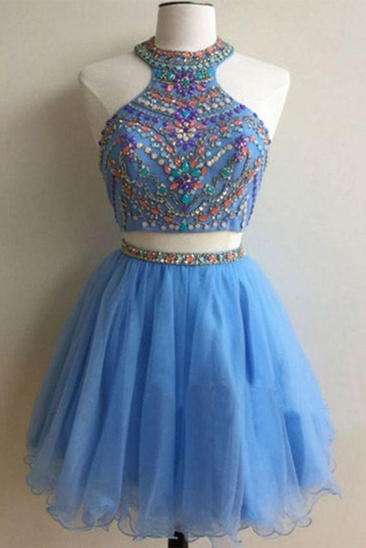 Light Blue Organza Beading Sequins A-Line Two Pieces Homecoming Dresses Sabrina Short For Teens Party Dresses CD10497