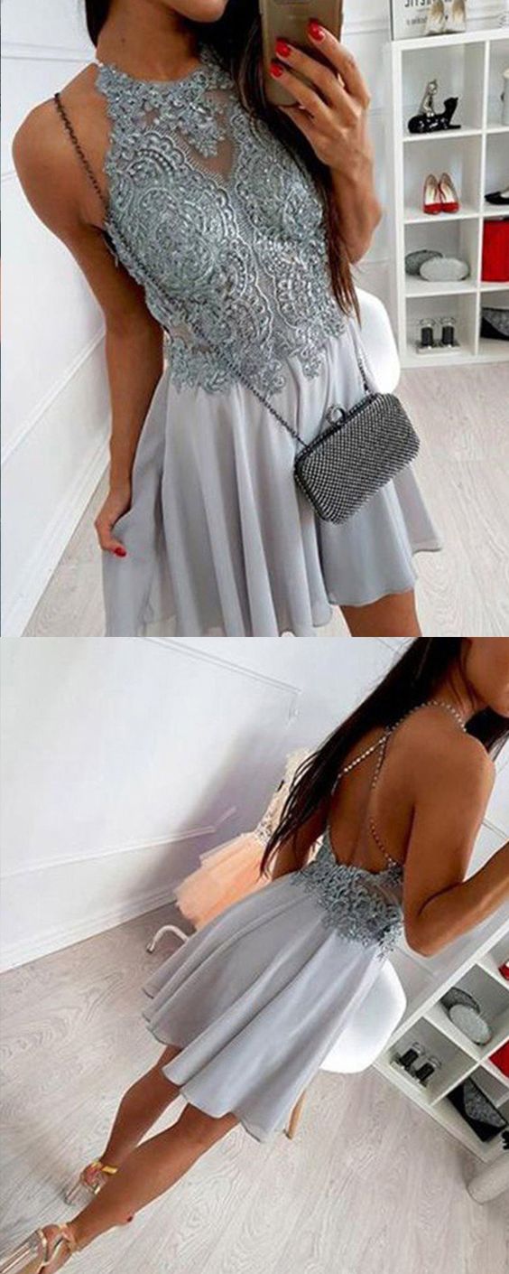 Appliqued Bodice Short Chiffon Lace Paige Homecoming Dresses Grey Formal Dresses XXA1050