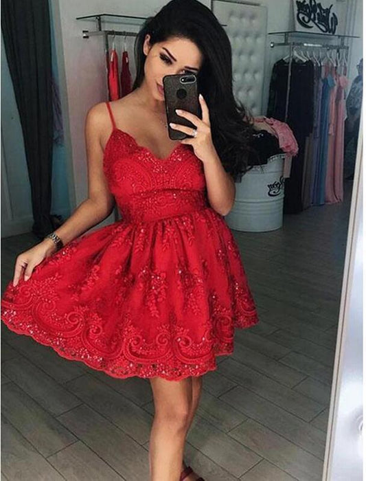 Appliques Homecoming Dresses Alexis Cocktail Lace Short Red Straps Dress CD10506