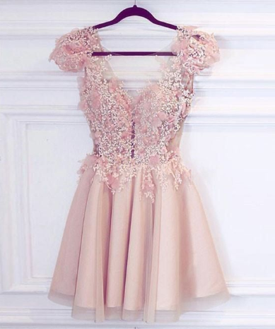 A-Line Deep Paityn Pink Homecoming Dresses V-Neck Cap Sleeves Tulle Short With Appliques XXA1051