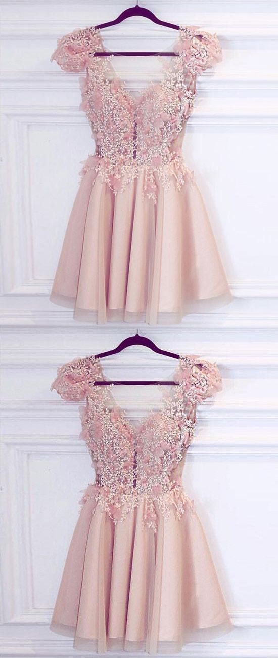 A-Line Deep Paityn Pink Homecoming Dresses V-Neck Cap Sleeves Tulle Short With Appliques XXA1051