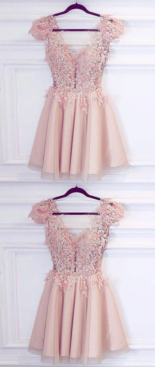 A-Line Deep Paityn Pink Homecoming Dresses V-Neck Cap Sleeves Tulle Short With Appliques XXA1051