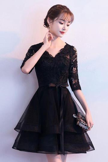 Black V Neck Tulle Short Dress Black Homecoming Dresses Miah Lace XXA1054