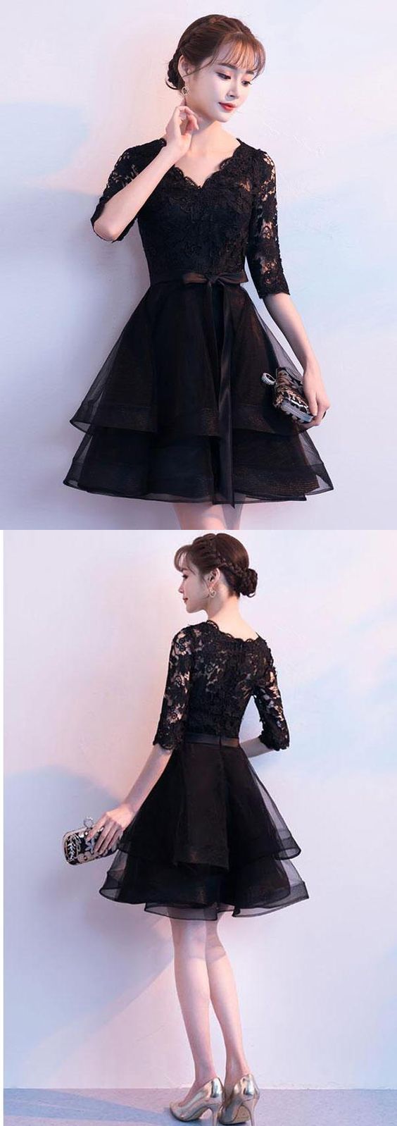 Black V Neck Tulle Short Dress Black Homecoming Dresses Miah Lace XXA1054