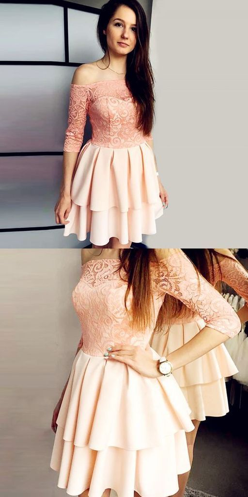 Off The Pink Homecoming Dresses Lace Christine Shoulder 3/4 Sleeves Short With XXA10564