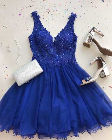 Cute V Neck Silvia Homecoming Dresses A Line Royal Blue Tulle Beaded Short With Appliques XXA1059