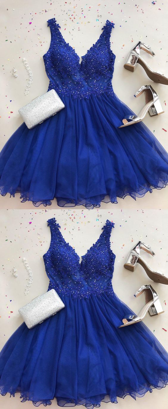 Cute V Neck Silvia Homecoming Dresses A Line Royal Blue Tulle Beaded Short With Appliques XXA1059