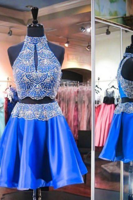 Two Piece High Neck Satin Homecoming Dresses Sue Royal Blue Keyhole Open Back Short Beaded CD10730