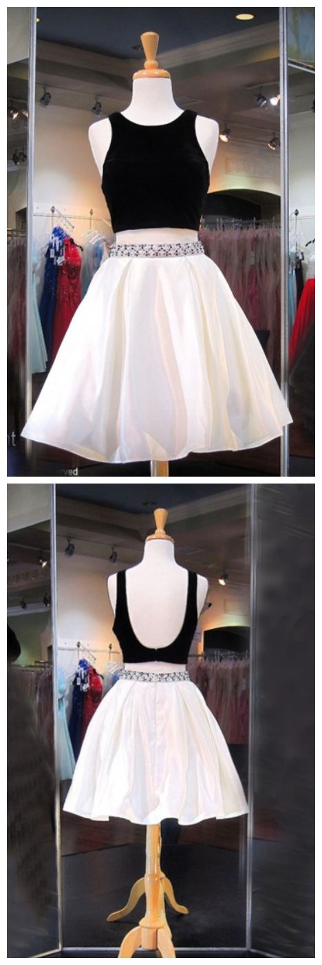 Two Piece Homecoming Dresses Satin Ivory Jayda Crew Knee-Length Backless With Beading CD10732