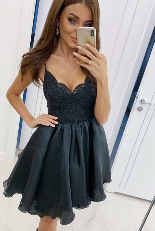 Lace Homecoming Dresses Jayden Black V Neck Tulle Short Dress Black Short Dress XXA10820