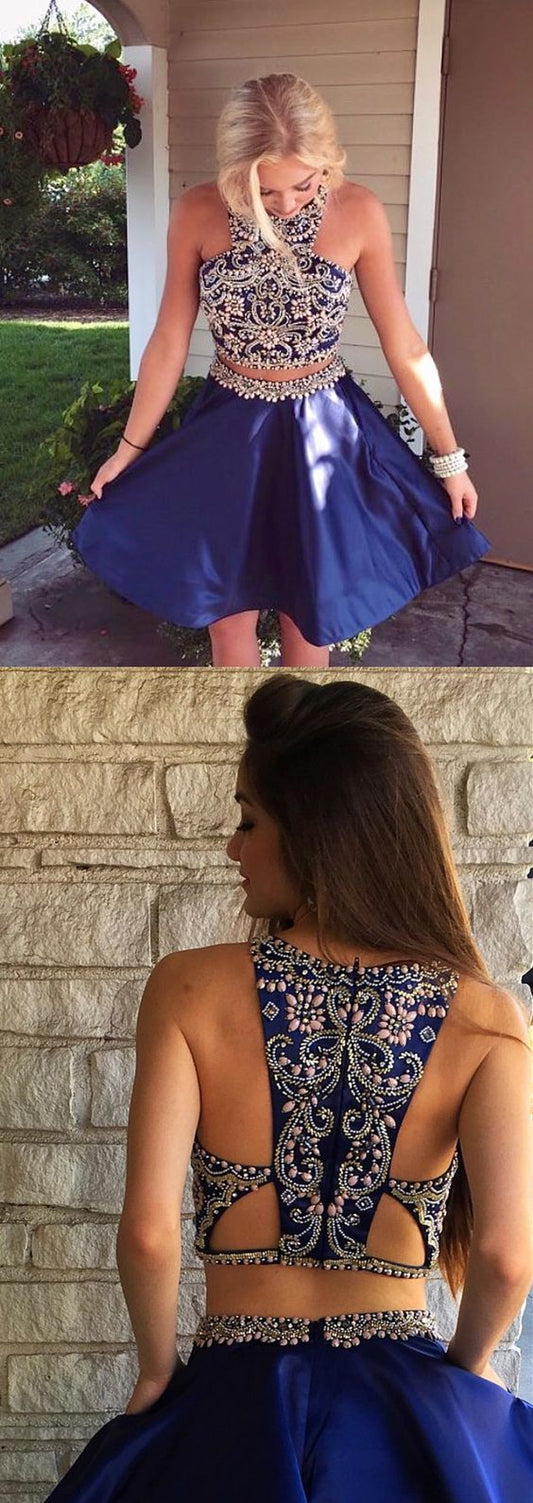 Two Piece Short Navy Blue Dresses Beaded Short Dancing Gracelyn Homecoming Dresses Dresses CD1082