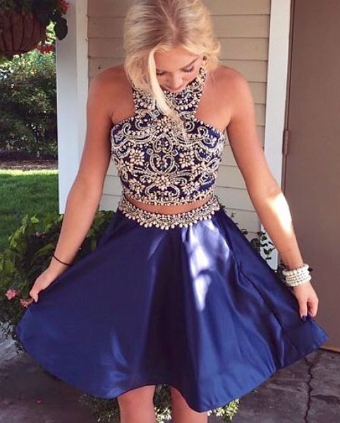 Two Piece Short Navy Blue Dresses Beaded Short Dancing Gracelyn Homecoming Dresses Dresses CD1082