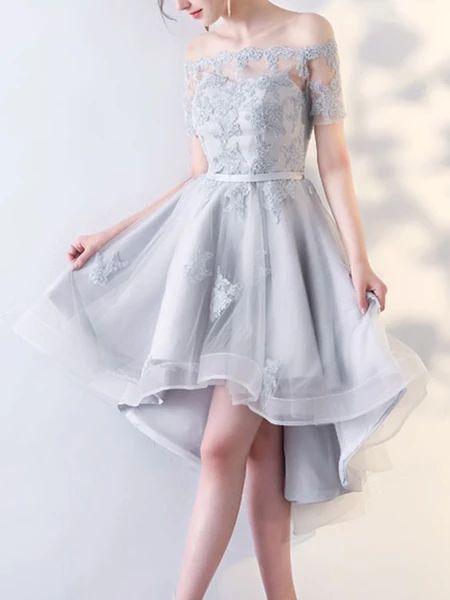 Silver Grey Off The Shoulder Binding Mini Dress High Low Evening Dress Sexy Deborah Homecoming Dresses Short Sleeves XXA10855