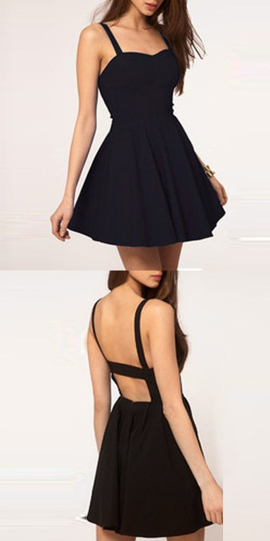 Simple A-Line Spaghetti Kayla Cocktail Homecoming Dresses Straps Backless Black Short Sexy Dress CD1102