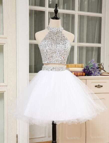 Shining 2 Piece Dresses High Neck Crystal Homecoming Dresses Mercedes Beaded Puffy Short For Graduation XXA1126