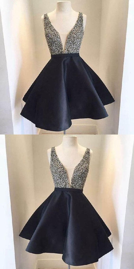 Black Stylish A-Line V-Neck Open Back Jemima Homecoming Dresses Satin Black Short With Beading XXA1128