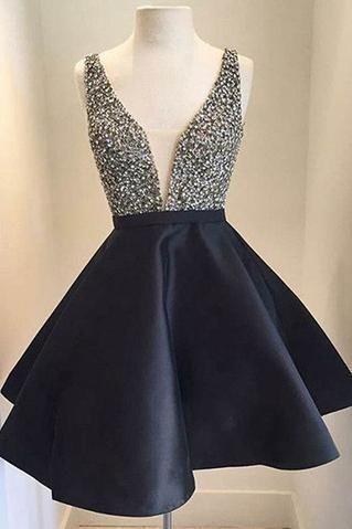 Black Stylish A-Line V-Neck Open Back Jemima Homecoming Dresses Satin Black Short With Beading XXA1128