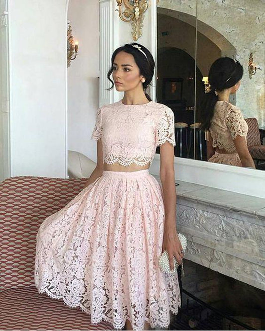 Round Neck Short Sleeves Knee Homecoming Dresses Lace Two Pieces Alyson Length XXA1136